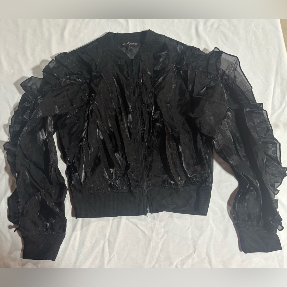 Almost Famous Black Ruffled Bomber Jacket